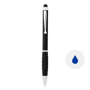 Penna a sfera in plastica colorata con impugnatura gommata nera e punta touch con meccanismo a rotazione e refill blu