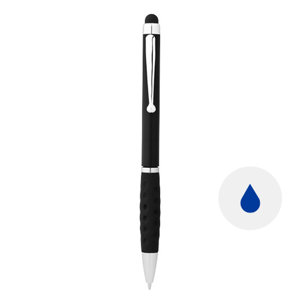 Penna a sfera in plastica colorata con impugnatura gommata nera e punta touch con meccanismo a rotazione e refill blu