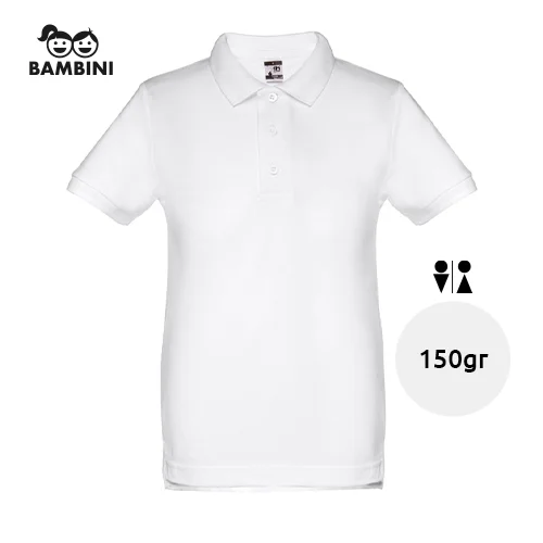 Maglietta polo da bambino unisex bianca a maniche corte 100% cotone 195gr