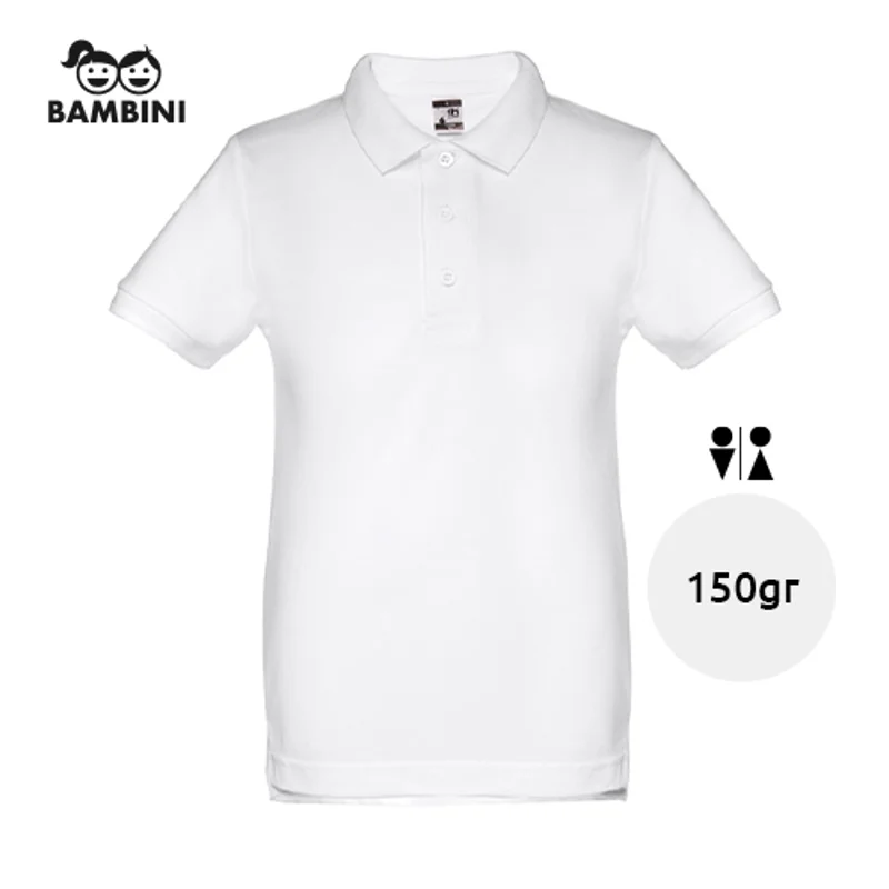 Maglietta polo da bambino unisex bianca a maniche corte 100% cotone 195gr