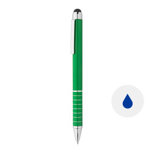 Penna a sfera in alluminio disponibile in vari colori e punta touch con meccanismo a rotazione e refill blu