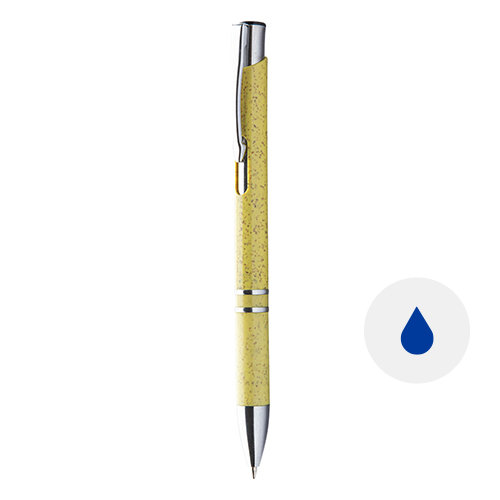 Penna a sfera in plastica ecologica disponibile in vari colori con parti mettalicche e con meccanismo a scatto e refill blu