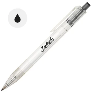 Penna a sfera in RPET trasparente e pulsante colorato e con meccanismo a scatto e refill nero