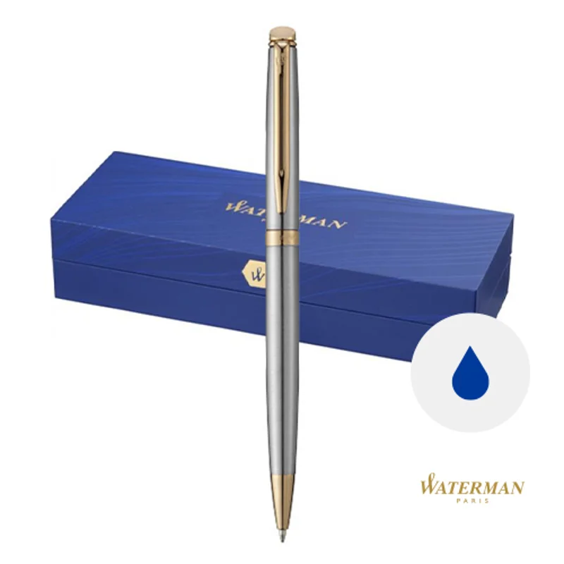 Penna a sfera a marchio Waterman in alluminio disponibile con rifiniture color oro o argento con meccanismo a rotazione in confezione regalo e refill blu