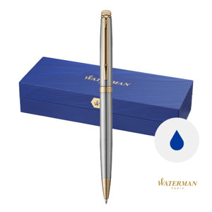 Penna a sfera a marchio Waterman in alluminio disponibile con rifiniture color oro o argento con meccanismo a rotazione in confezione regalo e refill blu