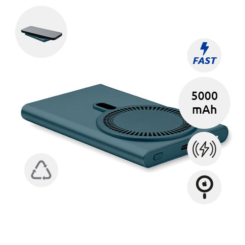 Power bank wireless magnetico in alluminio riciclato con ricarica rapida da 5000mah