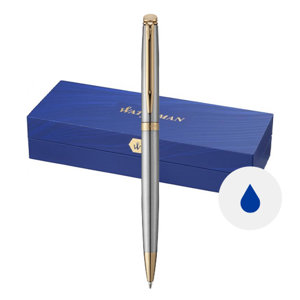Penna a sfera a marchio Waterman in alluminio disponibile con rifiniture color oro o argento con meccanismo a rotazione in confezione regalo e refill blu