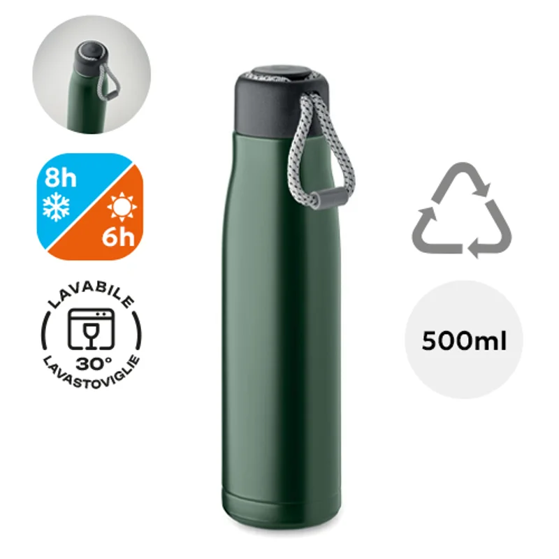 Bottiglia in acciaio inox riciclato doppio strato con coperchio in plastica da 500ml