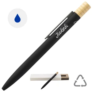 Penna a sfera in alluminio riciclato a rotazione finitura gommata e astuccio in cartoncino kraft refill blu