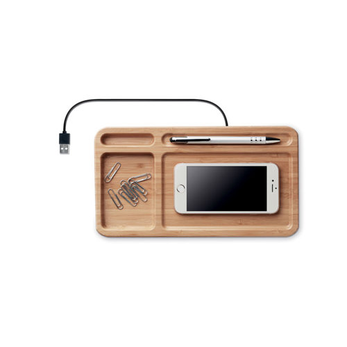 Portaoggetti da scrivania in bambù con caricatore wireless da 5W