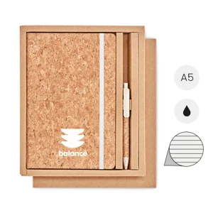 Block notes A5 con pagine a righe e copertina e penna con refill nero in sughero in scatola regalo
