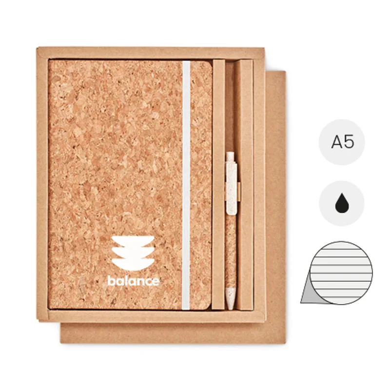 Block notes A5 con pagine a righe e copertina e penna con refill nero in sughero in scatola regalo