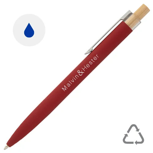 Penna a sfera in alluminio riciclato finitura gommata pulsante in bambù e clip cromata con refill blu