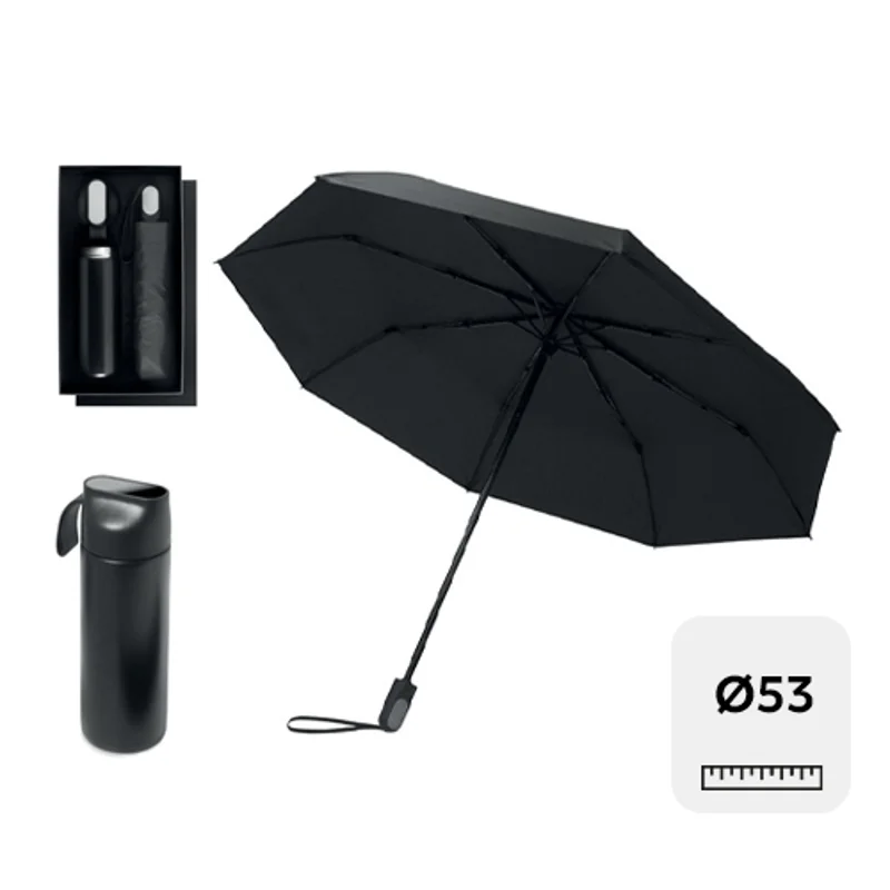 Set regalo con ombrello pieghevole manuale 21 e borraccia termica da 600ml in acciaio inox riciclato