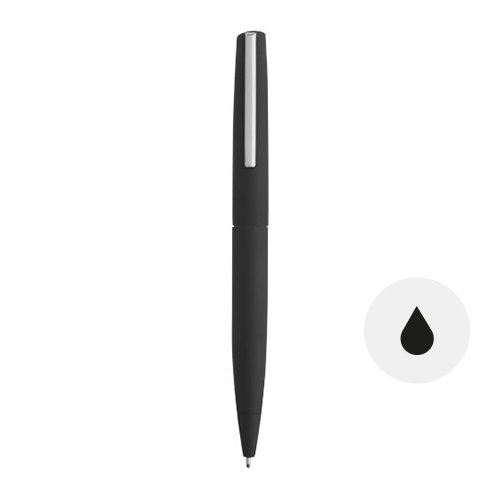 Penna a sfera in metallo con finitura liscia gommata con meccanismo a rotazione e in confezione regalo con refill nero