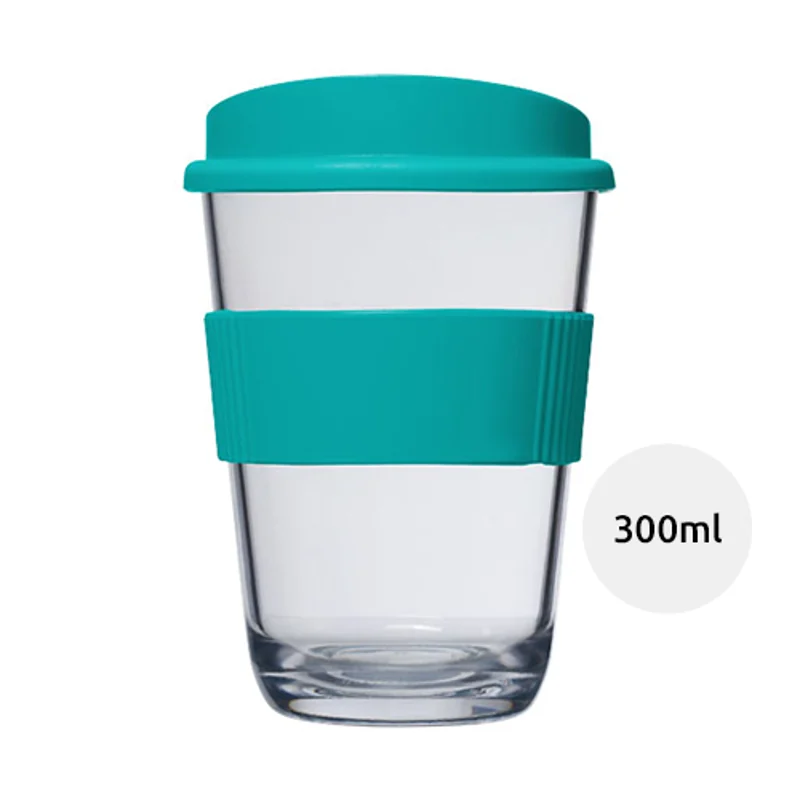 Bicchiere in vetro a parete singola con coperchio a pressione e impugnatura in silicone da 300ml