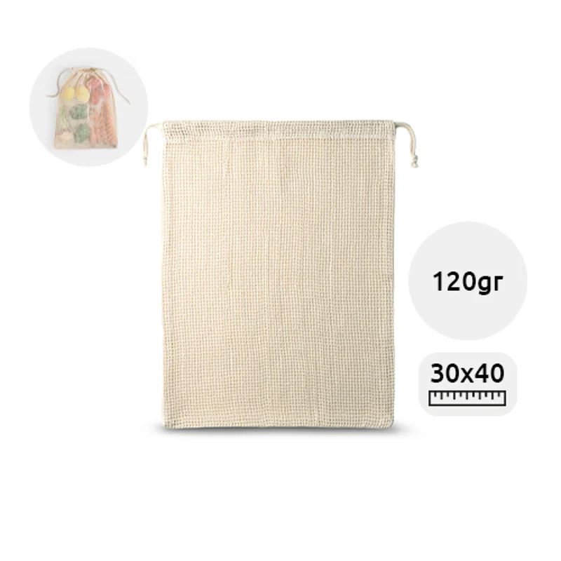 Sacca in cotone con rete frontale ideale per alimenti da 120gr 30x40cm