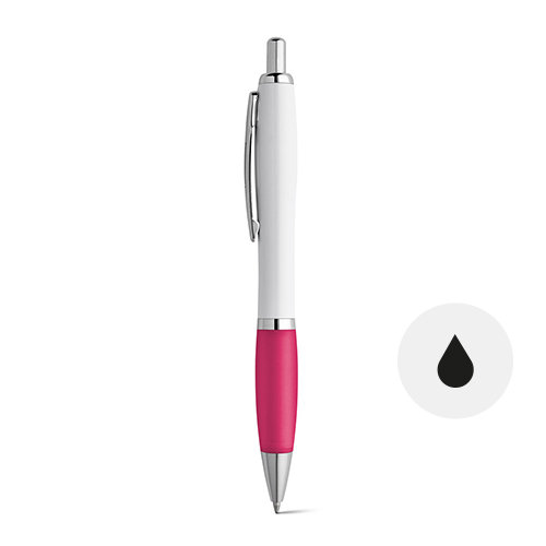 Penna a sfera in plastica con clip in metallo e impugnatura colorata e con meccanismo a scatto e refill nero