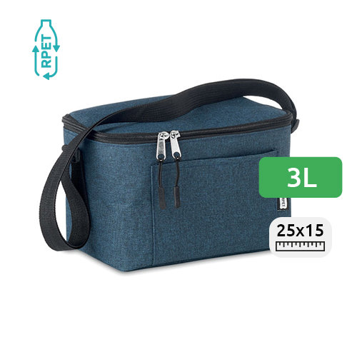 Borsa termica in RPET da 3L per 6 lattine con chiusura a zip e tasca frontale 25x15.5x14.5cm