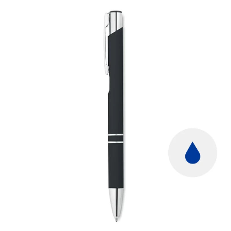 Penna a sfera con finitura gommata disponibile in vari colori con meccanismo a scatto e refill blu