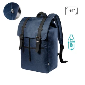 Zaino porta pc da 15" in poliestere 300D RPET con scomparto principale dalla chiusura a coulisse e bottone magnetico