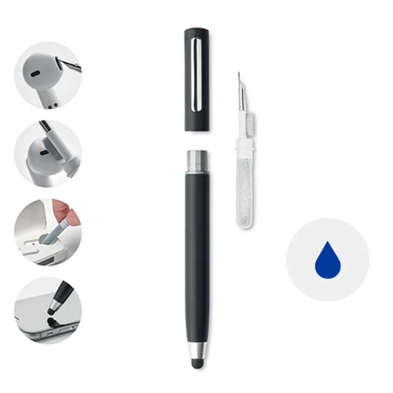 Penna a sfera per touch screen a rotazione con stilo in ABS e kit pulizia per auricolari refill blu