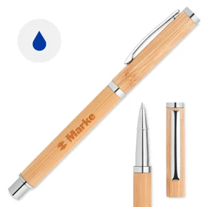 Penna a sfera roller in bambù e finiture in acciaio a inchiostro gel blu