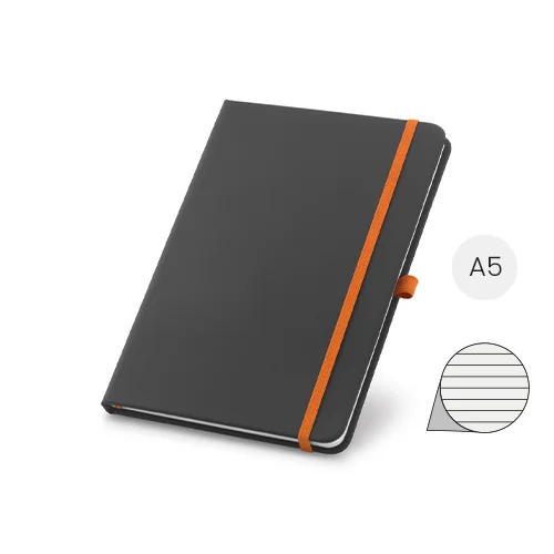 Block Notes A5 con copertina rigida in similpelle nera e 160 pagine a righe con nastro separatore e elastico in coordinato