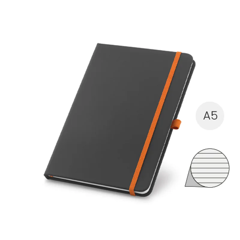 Block Notes A5 con copertina rigida in similpelle nera e 160 pagine a righe con nastro separatore e elastico in coordinato