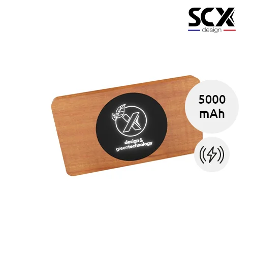 Power bank in legno con ricarica wireless a marchio SCX e personalizzazione luminosa da 5000mAh