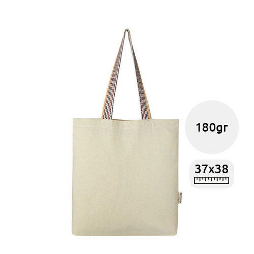 Shopper in cotone riciclato con manici lunghi color arcobaleno da 180gr 37x38cm
