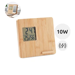 Caricatore wireless e stazione meteo in bambù con supporto per telefono da 10W