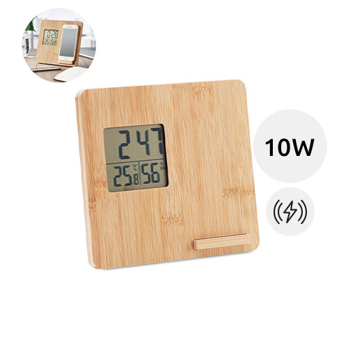 Caricatore wireless e stazione meteo in bambù con supporto per telefono da 10W