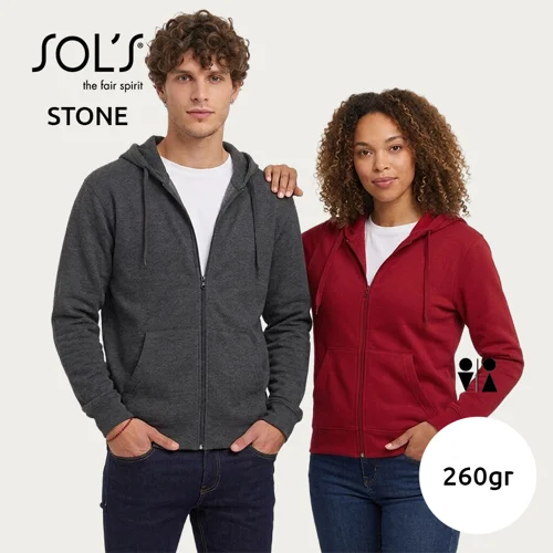 Felpa SOL'S STONE unisex in cotone e poliestere con cappuccio tasche e cerniera da 260gr