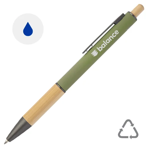 Penna a sfera in alluminio riciclato impugnatura e pulsante in bambù corpo gommato e parti con finitura color canna di fucile con refill blu