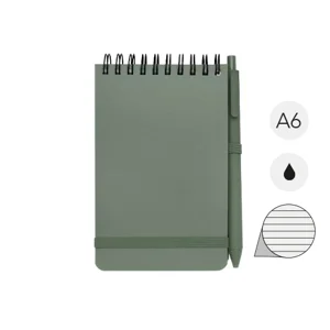 Blocco notes A6 con pagine a righe e copertina rigida in plastica riciclata e penna a sfera refill nero