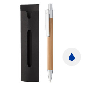 Penna a sfera in bambú con meccanismo a scatto e confezione in carta nera e refill blu