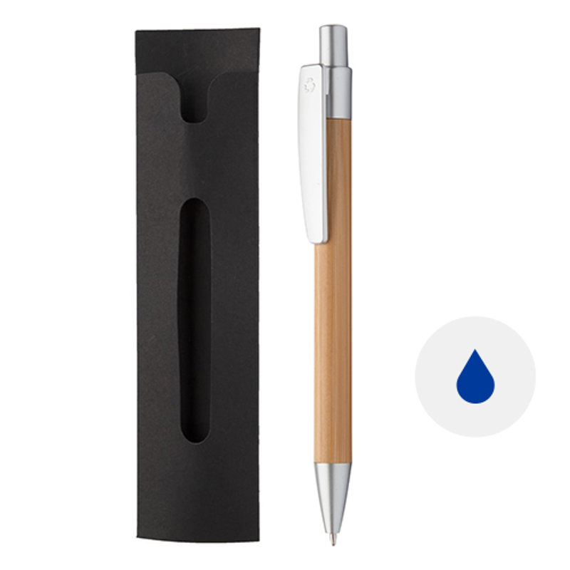 Penna a sfera in bambú con meccanismo a scatto e confezione in carta nera e refill blu