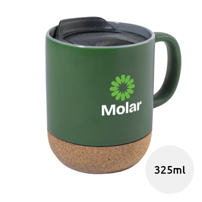 Tazza in ceramica colorata opaca da 325ml con base in sughero e coperchio in scatola regalo in carta kraft