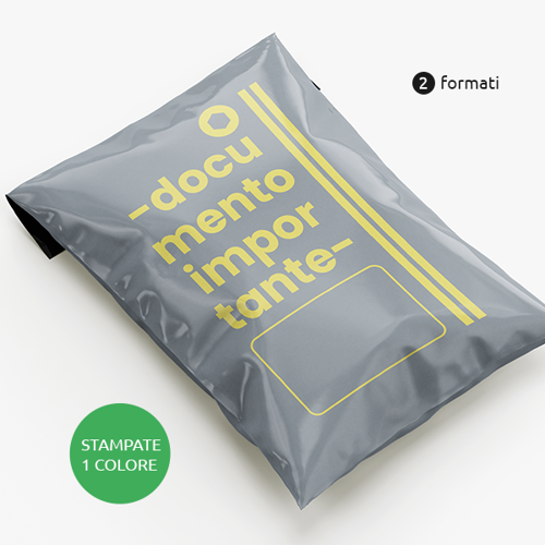 Buste in plastica per spedizioni colore grigio stampate 1 colore a scelta sul fronte. Possibilità di richiedere progetto grafico