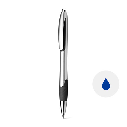 Penna a sfera in plastica con finitura antiscivolo e meccanismo a scatto e refill blu