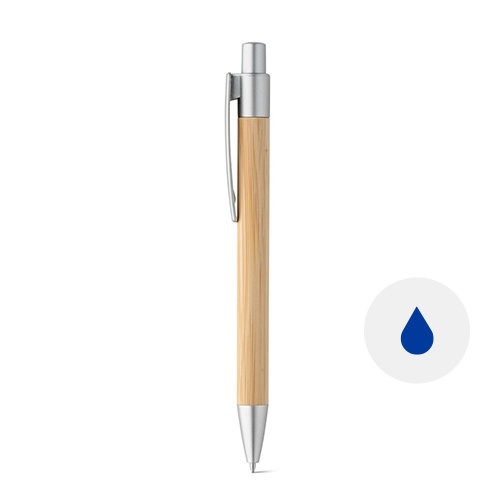 Penna a sfera in bambù con finiture color argento e meccanismo a scatto e refill blu