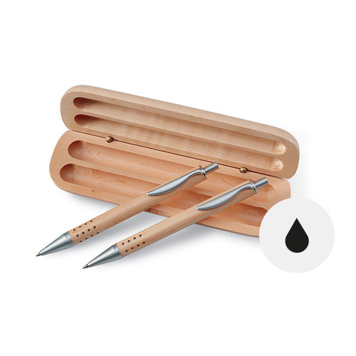 Set con penna a sfera con refill nero e matita con meccanismo a scatto in confezione di legno