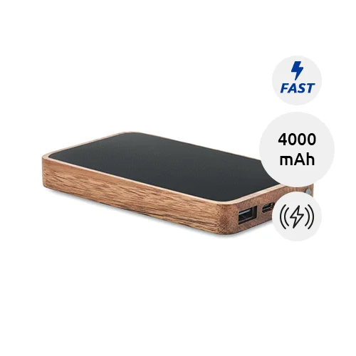Power bank in legno di acacia e PU riciclato con ricarica wireless rapida da 4000mAh