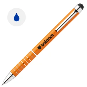 Penna a sfera in alluminio disponibile in vari colori e punta touch con meccanismo a rotazione e refill blu