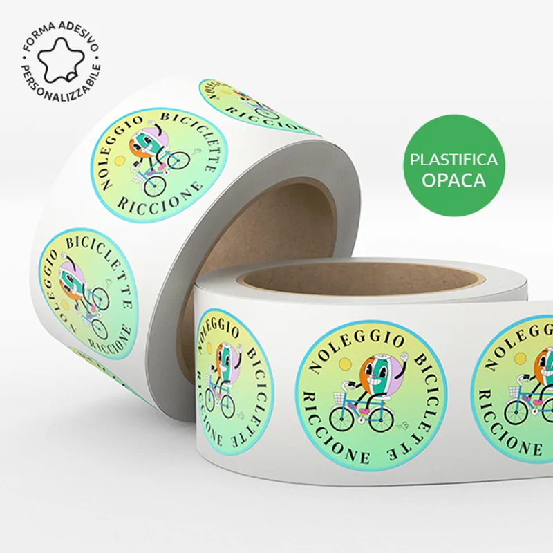 Etichette in bobina stampate su carta patinata plastifica opaca. Possibilità di richiedere anche il progetto grafico