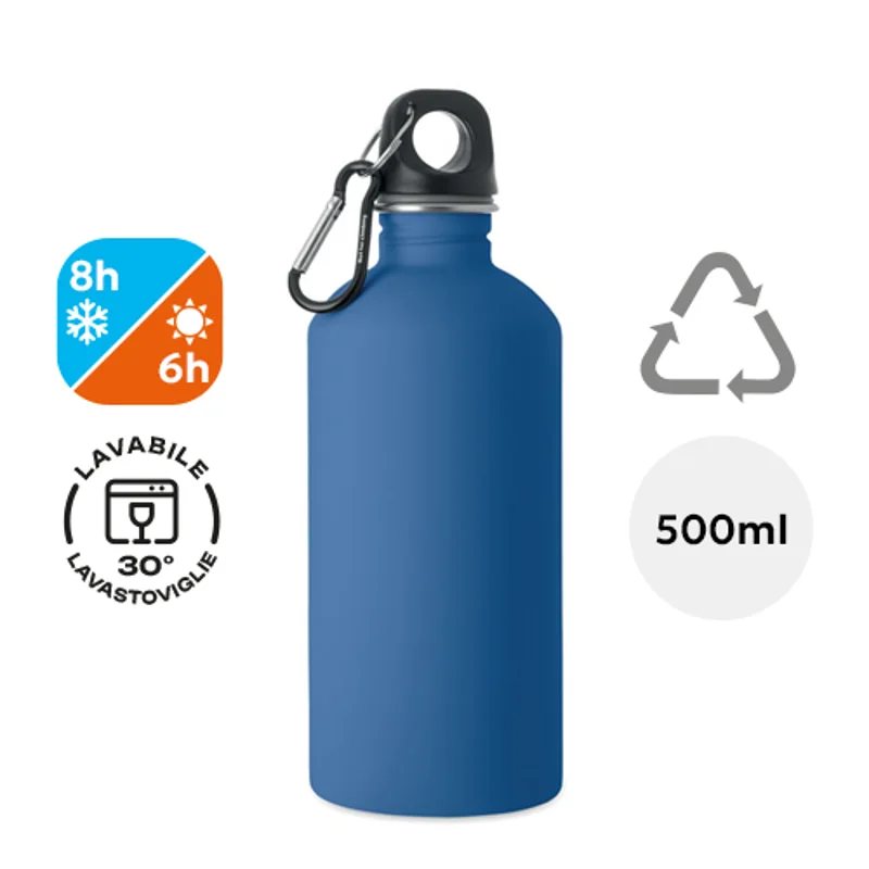 Borraccia termica in acciaio inox riciclato finitura gommata e moschettone 500ml