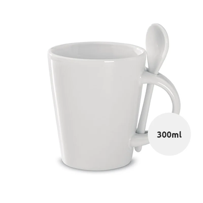 Tazza e cucchiaino in porcellana bianca ideale per sublimazione 300ml