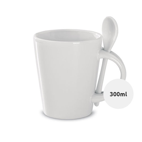 Tazza e cucchiaino in porcellana bianca ideale per sublimazione 300ml
