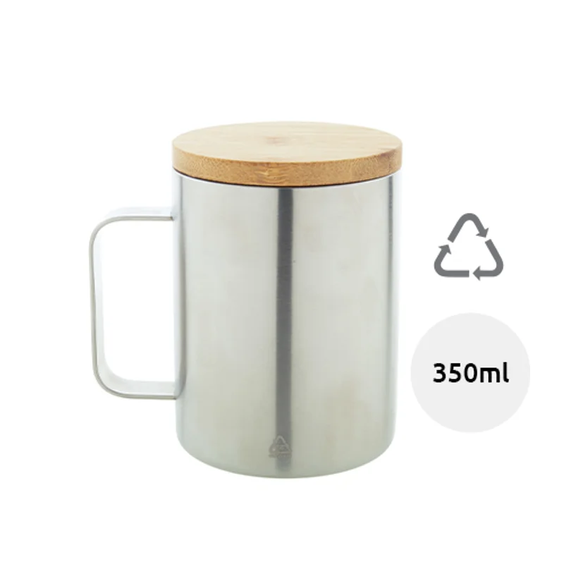 Tazza termica in acciaio inox riciclato con coperchio in bambù da 350ml